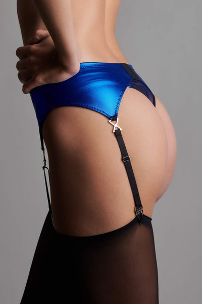 Madame X' Electric Blue Stretch Lace & Satin Bra, Suspender Belt